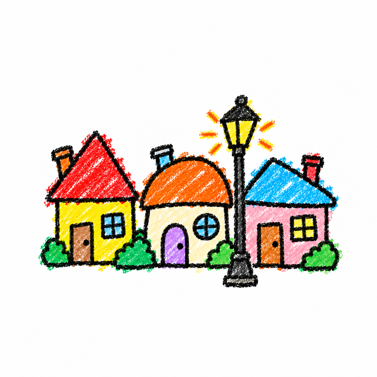 Row houses and street lamp